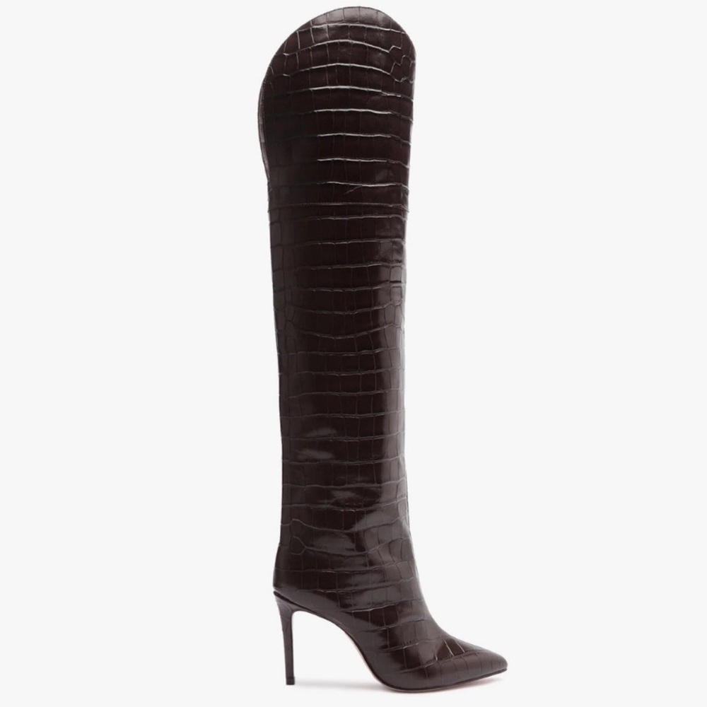 SCHUTZ Dark Brown Croc-Embossed Ankle Boots